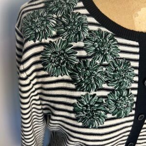 Anthropologie Tabitha black & white striped cardigan with green floral details
